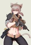  1girl absurdres animal_ears ao_homura bcm_mcmr cat_ears cat_girl cat_tail cross_piercing elly_(project_karibito) green_background gun hair_between_eyes highres holding holding_gun holding_weapon looking_at_viewer medium_hair military military_combat_uniform military_uniform navel navel_piercing piercing project_karibito simple_background solo stomach tactical_clothes tail trigger_discipline weapon 