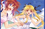  2girls :d artist_name black_ribbon blonde_hair blue_border blue_eyes blue_ribbon blue_sky border brown_hair cloud collarbone double-parted_bangs dress fate_testarossa floating_hair floating_ribbon hair_between_eyes hair_ribbon holding_hands kanna_(plum) long_hair looking_at_viewer lyrical_nanoha mahou_shoujo_lyrical_nanoha medium_hair multiple_girls off-shoulder_dress off_shoulder open_mouth outdoors pillarboxed pink_dress red_eyes ribbon short_sleeves sky sleeveless sleeveless_dress smile sundress takamachi_nanoha twintails twitter_username upper_body very_long_hair watermark white_dress wispy_bangs 