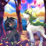  apple black_fur black_hair blue_eyes cloud collar cutie_mark day duo equine friendship_is_magic fruit fur green_hair hair horn horse jack-a-lynn long_hair male mammal my_little_pony n_(pokemon) outside ponification pony sky tree unicorn water white_fur 