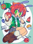  1girl ankle_socks antennae apple arrow_(symbol) arthropod_girl blueberry blush brown_shoes bug caterpillar caterpillar_girl closed_eyes commentary_request creature_and_personification finger_to_cheek flying_sweatdrops food fruit green_background green_eyes green_jacket hair_between_eyes highres holding holding_food holding_fruit hood hood_down hoodie jacket long_sleeves lying medium_hair midriff mikiwo_eko53 monster_girl muffin multicolored_eyes multiple_legs navel on_side personification red_hair shirt shoes shorts socks solo the_very_hungry_caterpillar the_very_hungry_caterpillar_(character) translation_request two-tone_background two-tone_eyes watermelon watermelon_slice white_background white_shirt white_socks yellow_eyes 