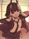  1girl choker double_v fate/grand_order fate_(series) flat_chest horns monochrome necktie oni pleated_skirt rooftop school_uniform sepia short_hair shuten_douji_(fate) skirt smile solo teeth ttmt twilight v 
