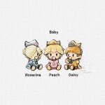  3girls baby baby_daisy baby_peach baby_rosalina black_hair blonde_hair blue_dress blush_stickers brown_hair character_name commentary dress english_text full_body hair_over_one_eye highres looking_at_viewer mario_(series) mugipoyow multiple_girls orange_dress pacifier pink_dress princess_daisy princess_peach puffy_short_sleeves puffy_sleeves rosalina short_sleeves sitting twitter_username untranslatable_commentary watermark 