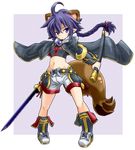  :&lt; ahoge animal_ears armor belt boots braid breasts brooch coat crop_top extra_ears floating_hair frown full_body hips holding holding_weapon jewelry karukan_(monjya) long_hair matsuhime_mujina midriff navel open_clothes open_coat pigeon-toed pointy_ears purple_eyes purple_hair raccoon_ears raccoon_tail ribbon scabbard serious sheath shinrabanshou shorts shuriken simple_background single_braid small_breasts solo standing studded_belt sword tail unsheathed vambraces weapon 