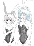  2girls alternate_costume alternate_hairstyle animal_ear_hairband animal_ears bare_arms bare_shoulders black_leotard blue_eyes blue_hair blush breasts closed_mouth collarbone commentary covered_navel cowboy_shot embarrassed fake_animal_ears fake_tail green_eyes grey_hair hair_between_eyes hairband hand_on_own_arm hand_on_own_thigh hand_up highres hinomori_12618 hinomori_shiho hinomori_shizuku leotard long_hair looking_at_viewer mole mole_under_mouth multiple_girls oversized_breast_cup playboy_bunny ponytail project_sekai rabbit_ear_hairband rabbit_ears rabbit_tail short_hair siblings sidelocks simple_background sisters small_breasts strapless strapless_leotard sweatdrop tail twitter_username untranslatable_commentary white_background 