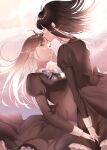  2girls absurdres arm_at_side blush bow bowtie breasts brown_bow brown_dress brown_eyes brown_hair brown_theme closed_eyes closed_mouth commentary_request couple dress dress_bow floating_clothes floating_hair grin hand_on_another's_cheek hand_on_another's_face happy highres hitsuji_kumo holding_hands juliet_sleeves kiss kissing_forehead long_hair long_sleeves looking_at_another medium_breasts multiple_girls original plaid_bow plaid_bowtie plaid_clothes puffy_sleeves sleeve_cuffs smile straight_hair yuri 