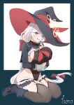  1girl black_hat black_leotard blue_archive blush breasts commentary covered_nipples english_commentary eri_(blue_archive) halo hat highleg highleg_leotard highres large_breasts leotard long_hair long_sleeves looking_at_viewer open_mouth orange_eyes revision shrug_(clothing) solo thanabis thighhighs witch_hat 
