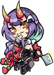  1girl black_shorts chibi cleaver crop_top highres horns indie_virtual_youtuber jacket long_hair looking_at_viewer oni onigiri_(vtuber) ponytail purple_hair red_jacket shorts slit_pupils solo virtual_youtuber white_background x3dustco yellow_eyes yellow_horns 