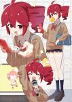  1girl absurdres ahoge alternate_costume bag black_socks bow brown_cardigan bubble cardigan cellphone chewing_gum commentary_request dated drill_hair earbuds earphones fin_gocco grey_jacket grey_skirt hair_between_eyes hair_bow hair_ribbon heart highres holding holding_earbud holding_microphone holding_phone jacket kasane_teto kasane_teto_(sv) long_sleeves looking_at_viewer microphone miniskirt musical_staff musical_staff_print no_eyes offering_earbud official_alternate_costume phone pleated_skirt red_eyes red_hair red_nails red_trim ribbon shoulder_belt shoulder_boards singing skirt sleeve_cuffs smartphone smile socks solo star_(symbol) twin_drills utau white_bow white_ribbon 