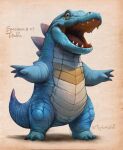  2024 3_toes 4_fingers ambiguous_gender anthro biped blue_body blue_scales christopher_stoll countershade_neck countershade_scales countershade_torso countershading digital_drawing_(artwork) digital_media_(artwork) dorsal_ridge feet fingers front_view full-length_portrait generation_2_pokemon hi_res looking_at_viewer nintendo open_mouth plantigrade pokemon pokemon_(species) portrait pose pupils red_tongue scales semi-anthro simple_background snout solo species_name tail tan_background tan_body tan_countershading tan_scales text toes tongue tongue_showing totodile twitter_handle yellow_body yellow_eyes yellow_scales 