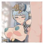  1boy 1girl armpit_pussy armpit_sex blue_hair blue_nipples border breasts closed_eyes colored_nipples genshin_impact hand_up hetero highres holding ineffa_(genshin_impact) large_breasts mechanical_arms misplaced_genitals parted_lips penis solo_focus uncensored valenthania white_border 