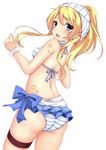  ass ayase_eli bikini blonde_hair blue_eyes bracelet fuuma_(humawww) jewelry long_hair looking_back love_live! love_live!_school_idol_project natsuiro_egao_de_1_2_jump! ponytail skindentation solo strap_gap swimsuit 