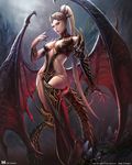  black_nails blonde_hair breasts chain chen_yan clothed clothing demon_wings detailed dragon female grey_eyes hair human hybrid jewelry long_hair long_nails mammal monster monster_girl mountain reign_of_dragons seductive skimpy sky spread_wings standing tiara unconvincing_armor wings 
