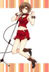  bare_shoulders boots breasts brown_eyes brown_hair cable cleavage clenched_hand collar crop_top floating full_body glowing high_heels lace lace-trimmed_skirt layered_skirt medium_breasts meiko meiko_(vocaloid3) microphone microphone_stand midriff nail_polish navel one_eye_closed redbear07 skirt smile solo vocaloid wrist_cuffs 