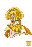  adapted_costume anniversary arudebido bare_legs blonde_hair bow bowtie brooch character_name choker copyright_name cure_peace frills full_body hair_flaps jewelry kise_yayoi long_hair magical_girl older outstretched_hand precure shoes skirt smile smile_precure! solo tiara white_background wrist_cuffs yellow yellow_eyes yellow_skirt 