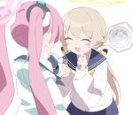  2girls amrbf00sy942173 blonde_hair blue_archive blush_stickers closed_eyes hifumi_(blue_archive) koyuki_(blue_archive) low_twintails multiple_girls open_mouth peroro_(blue_archive) pink_hair smile tagme twintails 