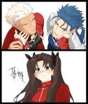  1girl 2boys archer_(fate) armor black_hair blue_bodysuit blue_eyes blue_hair blush bodysuit caressing_cheek covered_abs cu_chulainn_(fate) cu_chulainn_(fate/stay_night) cu_chulainn_(lancer)_(fate) dark-skinned_male dark_skin fate/stay_night fate_(series) highres holding_another's_wrist long_hair multiple_boys onyajj pauldrons pectorals ponytail red_eyes red_sweater short_hair shoulder_armor spiked_hair sweatdrop sweater teasing tohsaka_rin toned toned_male twintails two_side_up upper_body white_hair 