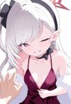  1gen_sinkun 1girl 1other bare_shoulders black_choker black_hairband blue_archive blush breasts choker cleavage clothes_pull collarbone commentary dress dress_pull earrings flower frilled_dress frills from_above fur_(clothing) hair_behind_ear hair_flower hair_ornament hairband halo highres holding_hands jewelry long_hair looking_at_viewer mutsuki_(blue_archive) mutsuki_(dress)_(blue_archive) official_alternate_costume official_alternate_hairstyle one_eye_closed pearl_earrings pointy_ears pov pov_hands red_dress red_eyes red_halo ribbon_choker sleeveless sleeveless_dress small_breasts smile solo_focus swept_bangs upper_body white_background white_fur white_hair 