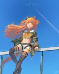  1girl absurdres aircraft airplane animal_ears belt black_thighhighs blue_sky blush bomber_jacket bow breasts brown_ribbon commentary contrail crop_top dog_tags ear_bow ear_ribbon fighter_jet green_belt green_jacket highres horse_ears horse_girl horse_tail jacket long_hair long_sleeves mayano_top_gun_(scramble_zone)_(umamusume) mayano_top_gun_(umamusume) midriff military_vehicle navel open_clothes open_jacket open_mouth orange_hair orange_tail outdoors ribbon sasami_oishine shirt shorts sky small_breasts solo tail thighhighs two_side_up umamusume white_shorts yellow_shirt 