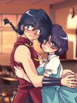  1boy 1girl arms_around_another's_waist black_hair blue_dress blue_eyes blush braid brown_eyes chinese_clothes closed_mouth commentary_request dress embarrassed fuurinkan_high_school_uniform hand_on_another's_chest hetero highres indoors looking_at_viewer purple_hair ranma_1/2 saotome_ranma saotome_ranma_(male) school_uniform short_hair single_braid sleeveless tangzhuang tendou_akane wavy_mouth wide-eyed yodare 