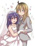  ahoge aosora_(mizore) blonde_hair bridal_veil bride directional_arrow dress earrings formal gloves heart height_difference holding_hands jewelry long_hair multiple_girls necklace original sparkle suit translation_request veil wedding_dress wife_and_wife yuri 