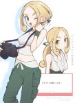  1girl :d ;d absurdres artist_name bare_shoulders blonde_hair breasts camera camera_around_neck closed_mouth commentary dress green_eyes green_pants highres holding holding_camera long_hair looking_at_viewer looking_to_the_side medium_breasts midriff multiple_views navel noi_(noi_pk27) one_eye_closed open_mouth pants pokemon pokemon_x_and_y ponytail shirt short_hair sleeveless sleeveless_dress sleeveless_shirt smile thumbs_up translation_request twitter_username untranslatable_commentary viola_(pokemon) 