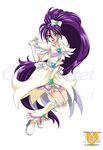  anniversary arudebido boots bow brooch character_name copyright_name cure_egret earrings frills full_body futari_wa_precure_splash_star hair_bow jewelry knee_boots leg_warmers long_hair magical_girl mishou_mai older ponytail precure purple_eyes purple_hair ribbon skirt smile solo very_long_hair white_background white_footwear wrist_cuffs 