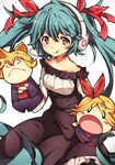 :&lt; :q dress green_eyes green_hair hair_ribbon hand_puppet hatsune_miku headset hippos kagamine_len kagamine_rin long_hair open_mouth puppet ribbon solo tongue tongue_out twintails very_long_hair vocaloid white_background 