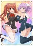  2girls absurdres ahoge animal_ears ass bare_shoulders black_dress blue_dress blue_thighhighs blush bow breasts brown_eyes brown_hair character_request closed_mouth commentary commentary_request commission copyright_request detached_sleeves dress highres holding_hands long_hair long_sleeves multiple_girls open_mouth pokemoa purple_eyes purple_hair red_bow shoes skeb_commission smile thighhighs thighs twintails white_thighhighs 