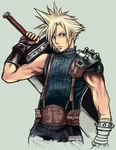  1boy amarevia artist_request blonde_hair blue_eyes cloud_strife earrings final_fantasy final_fantasy_vii huge_weapon jewelry looking_at_viewer male male_focus solo sword weapon 