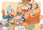  3boys armlet bib bowser bowser_jr. bracelet collar fangs father_and_child father_and_son furry furry_male glue hand_puppet highres holding_sewing_needle horns jewelry kamek looking_at_another looking_down looking_up male_focus mario_(series) monyorun multiple_boys open_mouth parent_and_child pawpads pincushion ponytail puppet red_hair round_eyewear scissors sewing smile spiked_armlet spiked_bracelet spiked_collar spikes the_super_mario_galaxy_movie 