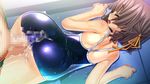  ass blush brown_hair buttjob censored cum cum_on_ass cum_on_body cum_on_clothes cum_on_lower_body ejaculation girl_on_bottom huge_ass lying open_mouth penis penis_under_clothes rubbing sukumizu_tabehoudai swimsuit twintails wet 