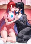  2girls ahoge alternate_costume asymmetrical_docking asymmetrical_horns asymmetrical_sidelocks black_hair black_pajamas black_pants blue_fire blue_hair breast_press breasts cleavage closed_mouth colored_inner_hair commentary elizabeth_rose_bloodflame fire fire_on_chest flower gradient_hair hand_grab highres hololive hololive_english horn_flower horns huge_ahoge indoors interlocked_fingers large_breasts long_hair long_sleeves looking_at_another misa_pika multicolored_hair multiple_girls nerissa_ravencroft on_bed open_mouth pajamas pants pink_pajamas pink_shorts red_eyes red_hair short_shorts short_sleeves shorts sidelocks sitting smile straight_hair uneven_horns very_long_hair virtual_youtuber 
