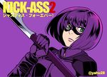  bangs bob_cut breasts cape copyright_name dutch_angle elbow_gloves fighting_stance from_side glaive gloves green_eyes hit-girl holding holding_weapon kick-ass looking_at_viewer mask parted_lips polearm purple purple_background purple_hair saitou_yahu short_hair shoulder_pads simple_background small_breasts solo superhero turtleneck twitter_username upper_body weapon 