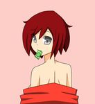  1girl bare_shoulders condom condom_in_mouth looking_back lunarisaileron lunarisfuryaileron mouth_hold red_hair ruby_rose rwby silver_eyes simple_background solo 