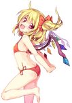  alternate_costume arms_behind_back barefoot bikini blonde_hair fang flandre_scarlet long_hair looking_at_viewer minamura_haruki open_mouth pointy_ears red_bikini red_eyes side-tie_bikini side_ponytail simple_background smile solo swimsuit touhou white_background wings 