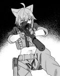  1girl animal_ears ao_homura bcm_mcmr cat_ears cat_girl cross_piercing elly_(project_karibito) greyscale gun hair_between_eyes highres holding holding_gun holding_weapon looking_at_viewer medium_hair military monochrome navel navel_piercing piercing project_karibito solo weapon 