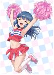  1girl absurdres armpits arms_up bare_shoulders blue_hair blush breasts cheerleader closed_eyes commentary_request crop_top dawn_(pokemon) hair_ornament hairclip highres holding holding_pom_poms long_hair looking_at_viewer medium_breasts midriff navel official_alternate_costume open_mouth pokemoa pokemon pokemon_(anime) pokemon_the_series:_diamond_and_pearl pom_pom_(cheerleading) shoes skirt sleeveless smile socks solo teeth upper_teeth_only white_socks 