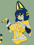  1girl animal_crossing animal_ears ankha_(animal_crossing) bandages black_eyes black_nails blue_hair breasts cat_ears cat_girl cropped_torso flat_color flowerpigeon furry furry_female green_background large_breasts mummy_costume navel nipples saliva short_hair simple_background skirt upper_body yellow_skirt 