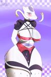  absurd_res angry anthro big_breasts breasts butt clothed clothing cosplay costume digital_media_(artwork) female fur generation_5_pokemon hi_res mammal mienshao nintendo nutto pokemon pokemon_(species) red_eyes simple_background solo tail thick_thighs white_body white_fur 