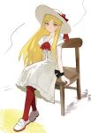 1girl 25447748 absurdres ascot blonde_hair chair collarbone commentary_request dress full_body hat hat_ribbon highres long_hair looking_at_viewer monogatari_(series) official_alternate_hairstyle orange_eyes oshino_shinobu pantyhose pointy_ears red_ascot red_pantyhose red_ribbon ribbon shoes sitting smile sneakers solo tennis white_background white_dress wristband 