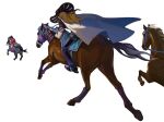  1boy 1girl blonde_hair cape commentary cowboy_hat english_commentary gyro_zeppeli hat horse horseback_riding hot_pants_(sbr) jojo_no_kimyou_na_bouken long_hair pink_hair reichio riding simple_background steel_ball_run valkyrie_(jojo) white_background 