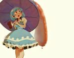  1girl absurdres ahoge artistic_error blue_eyes blue_skirt blue_vest blush chinese_commentary commentary_request feet_out_of_frame geta grmarsa heterochromia highres holding holding_umbrella karakasa_obake looking_at_viewer looking_up open_mouth purple_umbrella red_eyes short_sleeves simple_background skirt solo tatara_kogasa teeth tongue touhou twitter_username umbrella upper_teeth_only vest yellow_background 