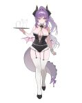  1girl absurdres arm_at_side beer_mug black_bow black_bowtie black_garter_straps black_horns black_leotard blonde_hair bow bowtie breasts closed_mouth commentary_request cross-laced_clothes cross-laced_leotard cup detached_collar dragon_girl dragon_horns dragon_tail drinking_glass frilled_leotard frills full_body garter_straps hair_intakes hand_up highres holding holding_tray horns korean_commentary large_breasts leotard long_hair looking_at_viewer mini_wings mug parted_bangs ponytail pump purple_hair purple_wings raised_inner_eyebrows sakihane_huya sangobob simple_background smile solo stellive straight-on sweat tail thighhighs tray virtual_youtuber walking white_background white_thighhighs wings 