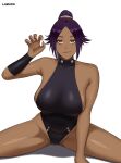  1girl arm_up black_leotard bleach breasts claw_pose dark-skinned_female dark_skin fang fang_out highres large_breasts lazier leotard looking_at_viewer parted_bangs pink_nails ponytail purple_hair shihouin_yoruichi sitting solo yellow_eyes 