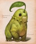  2024 ambiguous_gender brown_eyes chikorita christopher_stoll countershade_face countershade_neck countershade_torso countershading digital_drawing_(artwork) digital_media_(artwork) english_text feral front_view full-length_portrait generation_2_pokemon green_body hi_res leaf_(anatomy) looking_aside mouth_closed neck_spikes nintendo pokemon pokemon_(species) portrait pupils quadruped simple_background solo species_name tan_background text twitter_handle 
