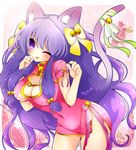  1girl animal_ears bell breasts cat_ears cat_tail chinese_clothes cleavage curvy dress female fulunukko hair_ornament hair_ribbon large_breasts leaning_forward long_hair navel purple_eyes purple_hair ranma_1/2 ribbon shampoo_(ranma_1/2) solo standing tail wink 