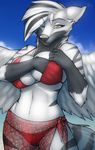  anthro bra breasts canine female mammal solo stripes strype tempest_omega thong underwear wings wolf yellow_eyes 