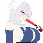  1girl 4kebidayo ascot bare_shoulders blue_dress blush breasts cleavage clothing_cutout commentary_request dress grey_hair hair_over_one_eye hand_fan highres holding holding_fan large_breasts long_hair looking_at_viewer mole mole_under_mouth pointy_ears purple_eyes shoulder_cutout simple_background smile solo unfinished upper_body velina_airgid white_background zenless_zone_zero 