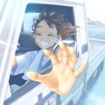  1girl blue_overalls highres jettoburikku kei_truck mitsubishi mitsubishi_delica motor_vehicle original outdoors outstretched_arm overalls pickup_truck road shirt short_sleeves solo truck white_shirt 