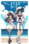  1boy 1girl :d belt beret black_hair blue_eyes blue_thighhighs braid brown_belt brown_eyes closed_mouth collarbone commentary_request dot_mouth full_body hand_on_own_hip hand_up hat highres long_hair midriff_peek open_mouth purple_hair ranma_1/2 sailor salute saotome_ranma saotome_ranma_(male) shoes shorts single_braid smile socks striped_clothes striped_thighhighs tendou_akane thighhighs translation_request wavy_hair white_shoes white_shorts white_socks yodare 
